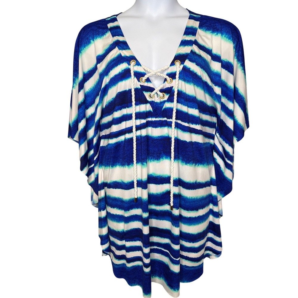 La Blanca Womens Blue White Striped Lace Up Caftan Swim Cover Up Dress OS Resort